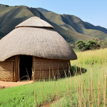 **Image:** A picturesque beehive hut nestled in the Swazi landscape, constructed from natural materials. Capture the hut blending seamlessly with its surroundings, showcasing its curved shape and traditional construction. Focus on the texture of the grass and reeds used in the structure, with a backdrop of rolling hills and a clear blue sky.