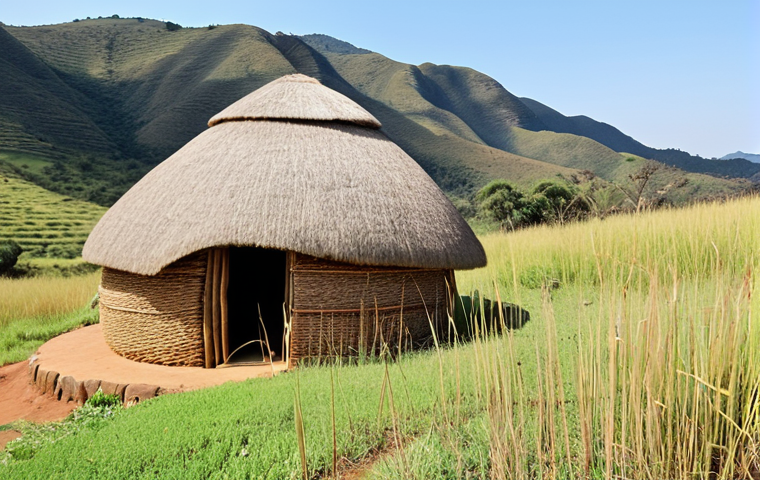 **Image:** A picturesque beehive hut nestled in the Swazi landscape, constructed from natural materials. Capture the hut blending seamlessly with its surroundings, showcasing its curved shape and traditional construction. Focus on the texture of the grass and reeds used in the structure, with a backdrop of rolling hills and a clear blue sky.