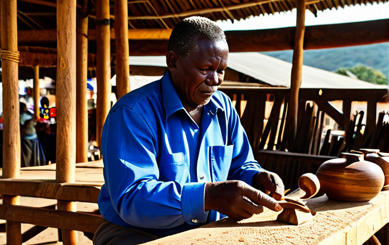 A skilled Swazi wood carver, a man in his 50s, fully clothed in modest, culturally appropriate attire, seated outdoors at a rustic wooden stall in a vibrant Eswatini craft market. He is intently focused on shaping a traditional animal figure from a block of local hardwood. Warm sunlight illuminates the scene, highlighting the intricate details of the carving and the texture of the wood. His well-formed hands, with proper finger count, are expertly maneuvering tools. The background features blurred market activity and other finished wooden carvings. Professional photography, perfect anatomy, correct proportions, natural pose, high detail, authentic cultural representation, safe for work, appropriate content, fully clothed, modest attire, family-friendly.