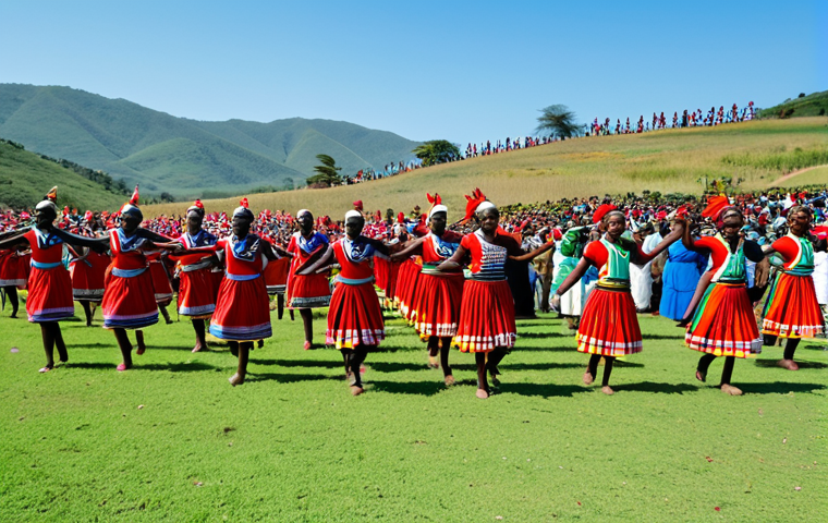 Eswatini Cultural Celebration**

"A vibrant photograph of the Umhlanga Reed Dance in Eswatini.  Hundreds of young women in traditional, colorful attire, fully clothed and modest, are dancing in unison. The background features rolling green hills and a clear blue sky. Focus on the energy and cultural pride of the participants.  Perfect anatomy, natural proportions, appropriate attire, safe for work, professional photography, high quality, family-friendly."

**