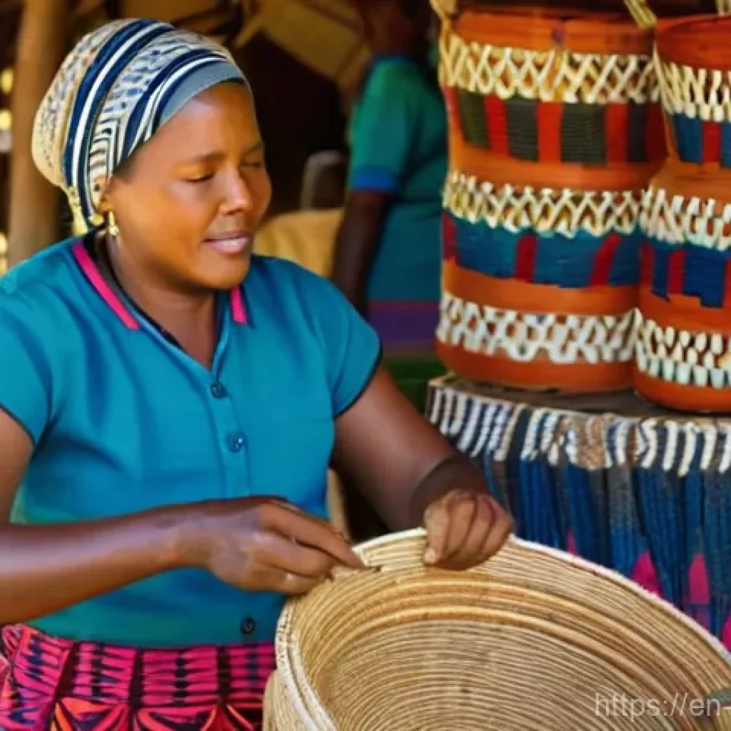 에스와티니에서 시장 및 바자 방문기 - **A Swazi artisan woman gracefully weaving a vibrant, intricately patterned sisal basket at an outdo...