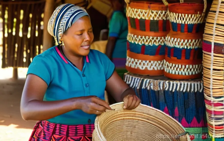 에스와티니에서 시장 및 바자 방문기 - **A Swazi artisan woman gracefully weaving a vibrant, intricately patterned sisal basket at an outdo...