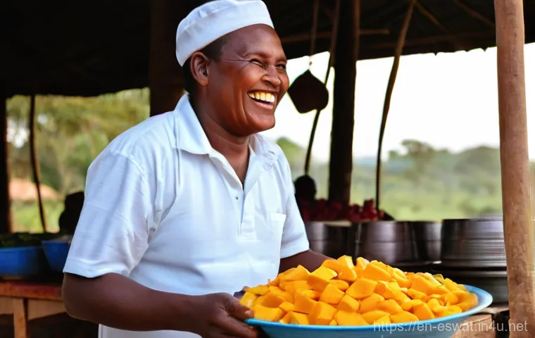 에스와티니에서 시장 및 바자 방문기 - **A bustling, lively wide shot of a traditional Eswatini market, showcasing various vendors and cust...