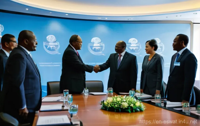 에스와티니와 국제 관계 - **Prompt:** A dynamic, wide-angle shot of a bustling international conference room. In the foregroun...
