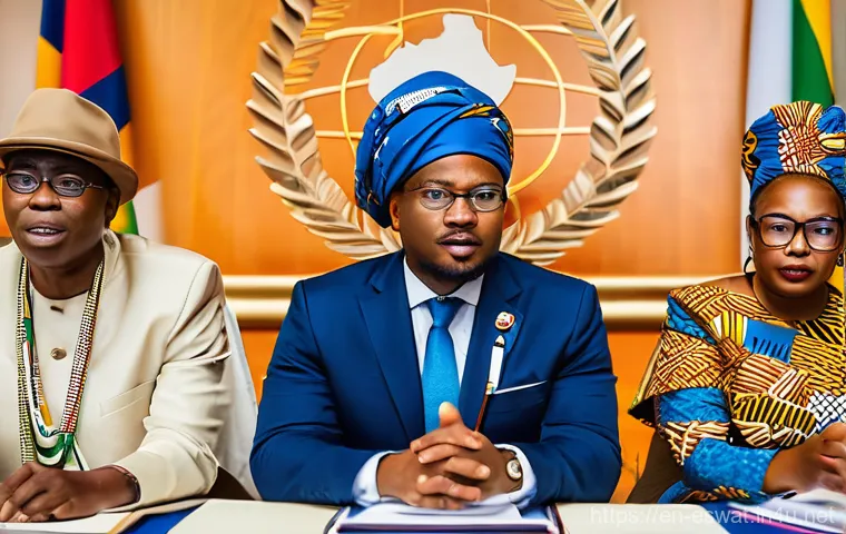 에스와티니와 국제 관계 - **Prompt:** A dynamic, wide-angle shot of a bustling international conference room. In the foregroun...