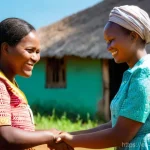 Home 13 에스와티니의 사회적 예절 - **Prompt:** A heartwarming scene in rural Eswatini. A young female visitor, dressed in a modest, lon...