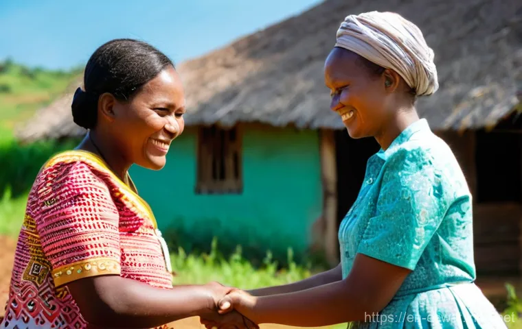 에스와티니의 사회적 예절 - **Prompt:** A heartwarming scene in rural Eswatini. A young female visitor, dressed in a modest, lon...