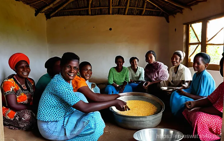 에스와티니의 사회적 예절 - **Prompt:** A heartwarming scene in rural Eswatini. A young female visitor, dressed in a modest, lon...