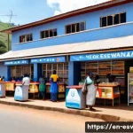 Home 21 에스와티니에서 SIM 카드 구입하기 - A vibrant street scene in Mbabane, Eswatini, showing a busy mobile provider store with colorful sign...