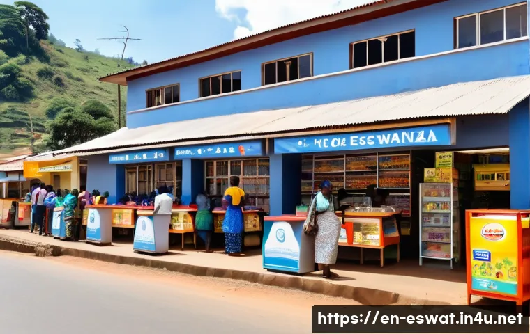 에스와티니에서 SIM 카드 구입하기 - A vibrant street scene in Mbabane, Eswatini, showing a busy mobile provider store with colorful sign...