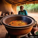 Home 19 에스와티니 음식과 전통 요리 - A vibrant traditional Eswatini kitchen scene featuring a large clay pot simmering over an open flame...