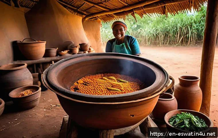 에스와티니 음식과 전통 요리 - A vibrant traditional Eswatini kitchen scene featuring a large clay pot simmering over an open flame...