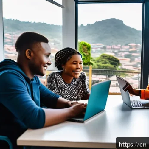 Home 30 에스와티니에서 창업하기 - A vibrant Eswatini startup co-working space bustling with young, diverse entrepreneurs collaborating...