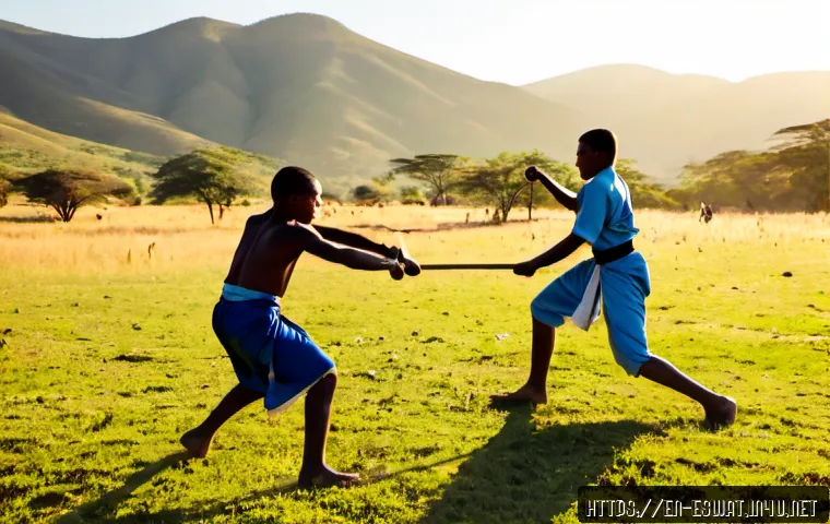 에스와티니의 전통 스포츠 - Photorealistic documentary scene of young men competing in traditional Eswatini stick fighting on a ...